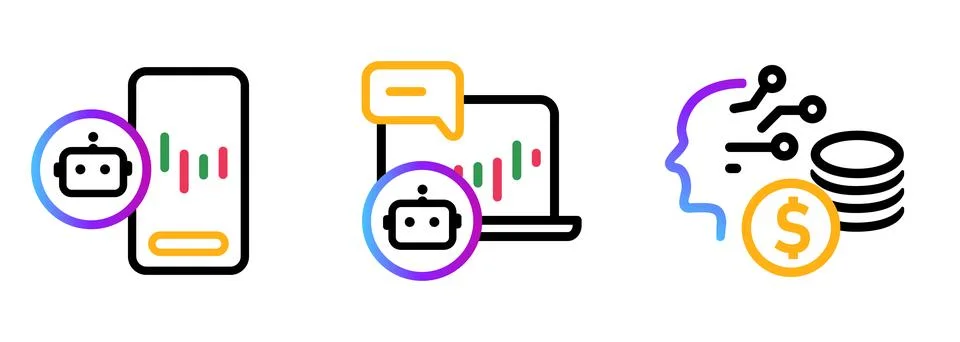 Artificial intelligence automated AI robot trading icon set featuring 库存插图