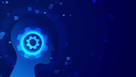 Artificial intelligence automation visual blue head silhouette, bright gear symb Stock Footage 340528000