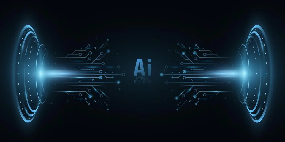 Artificial intelligence background. Blue HUD elements. Computer circuit board Stock Illustration