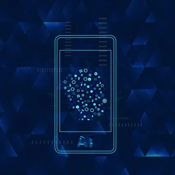 Artificial Intelligence banner with phone, face decoration and creative lette Stock Illustration