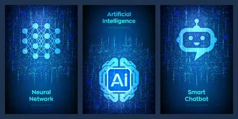 Artificial Intelligence banner set with digital brain, neural network and c.. Stock Illustration