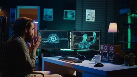 Artificial intelligence becoming sentient, greeting surprised IT admin Stock Photos