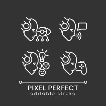 Artificial intelligence benefits white linear icons set for dark theme Stockillustratie