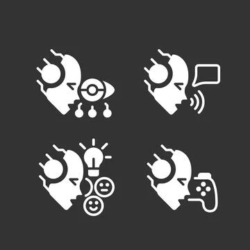 Artificial intelligence benefits white linear glyph icons set for night mode 스톡 일러스트