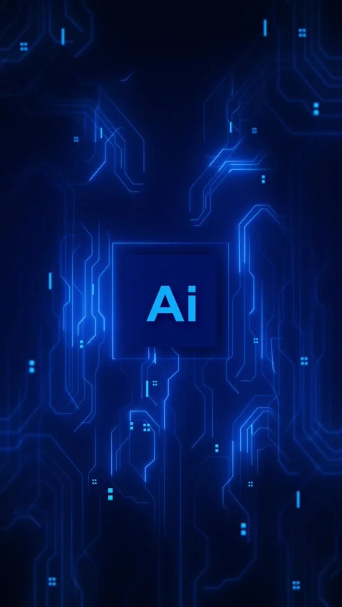 Artificial intelligence blue circuit panel AI text, glowing electronic traces, c Stock Footage 340457165