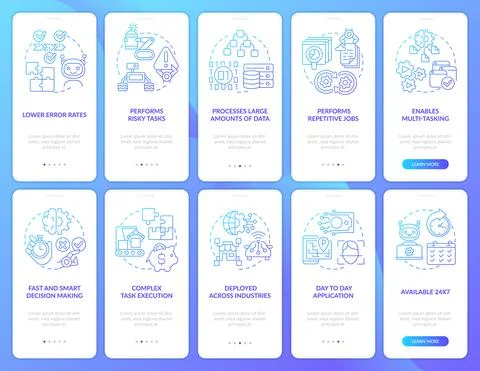 Artificial intelligence blue gradient onboarding mobile app screen set Stock Illustration