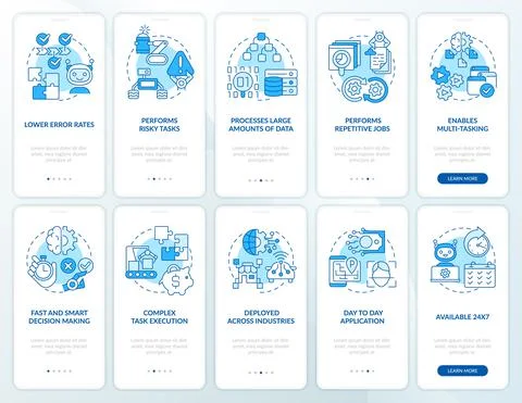 Artificial intelligence blue onboarding mobile app screen set Stock Illustration