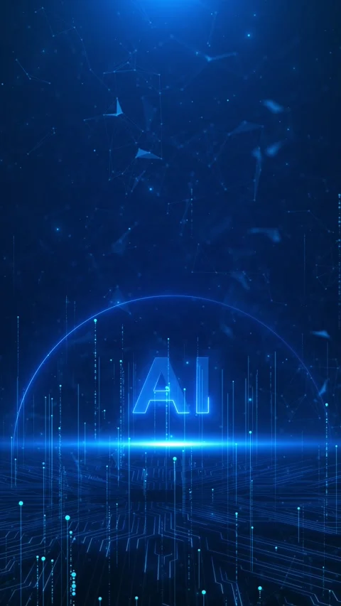 Artificial intelligence blue tech visual glowing AI text, network nodes, digital Stock Footage 340410208