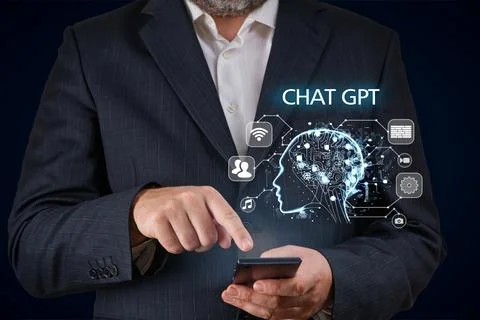 Artificial Intelligence in Bot Chat. Businessman using Ai chatbot in his Stock Photos