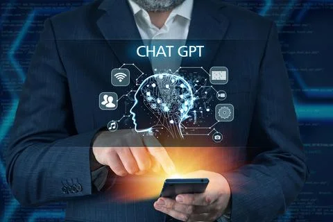 Artificial Intelligence in Bot Chat. Businessman using Ai chatbot in his 스톡 사진