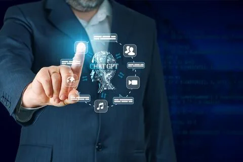 Artificial Intelligence in Bot Chat. Businessman using Ai chatbot in his Stock Photos