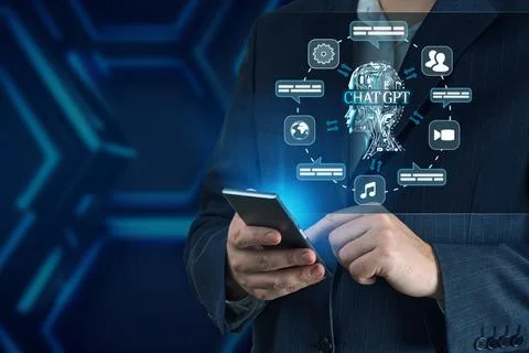 Artificial Intelligence in Bot Chat. Businessman using Ai chatbot in his Stock Photos