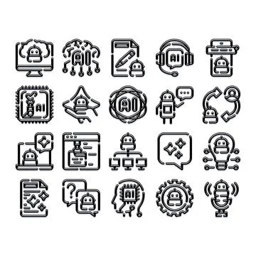 Artificial intelligence bot technology processing data icon set Stock Illustration