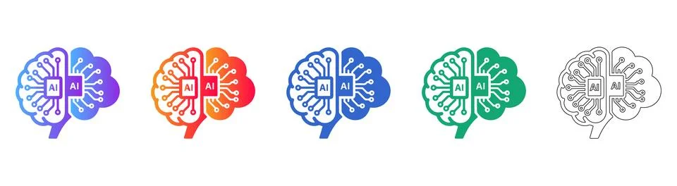 Artificial Intelligence Brain and Circuitry Icon Set Stock Illustration
