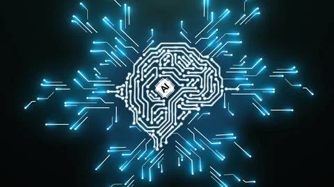 Artificial intelligence brain animation data mining, deep learning. Electronic Stock Illustration