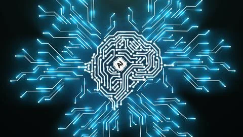 Artificial intelligence brain animation data mining, deep learning. Electronic Stock Illustration