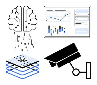 Artificial intelligence brain with binary code, data analysis graph on screen Stock Illustration