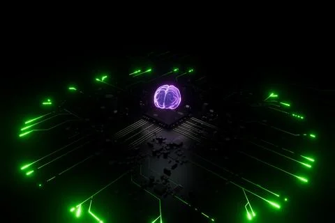 Artificial intelligence brain chip connecting neural network. 3d render 库存插图
