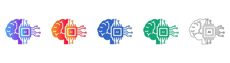 Artificial Intelligence Brain Chip Icon Set Stock Illustration