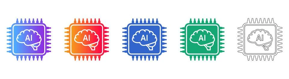 Artificial Intelligence Brain Chip Icons Stock Illustration