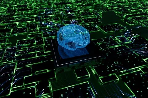 Artificial intelligence brain chip processing data. 3d render Stock Illustration
