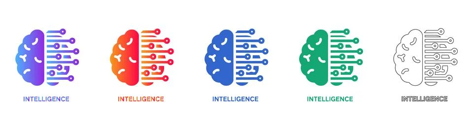 Artificial Intelligence Brain Circuit Icons Stock Illustration