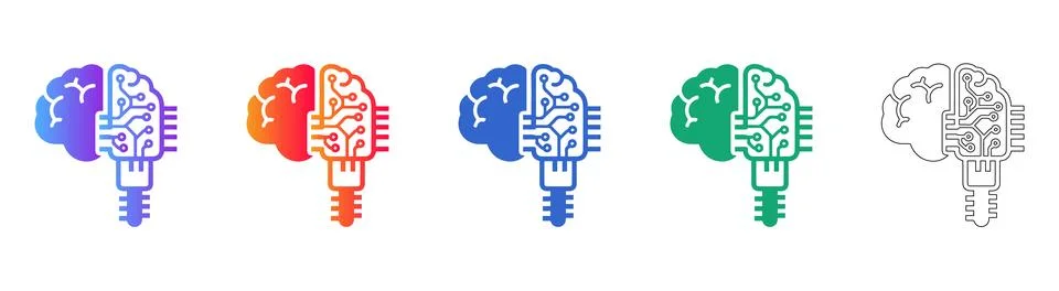 Artificial Intelligence Brain Circuit Icons Stock Illustration