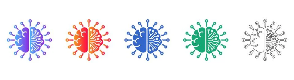 Artificial Intelligence Brain Circuit Icons Stock Illustration
