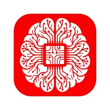 Artificial intelligence brain circuit pattern on red square background. Illustrazione stock