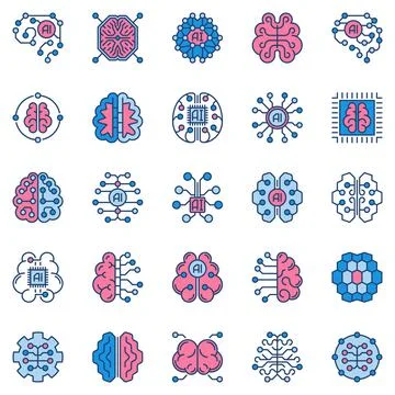 Artificial Intelligence Brain colored icons. Vector AI Cyberbrain signs Stock Illustration