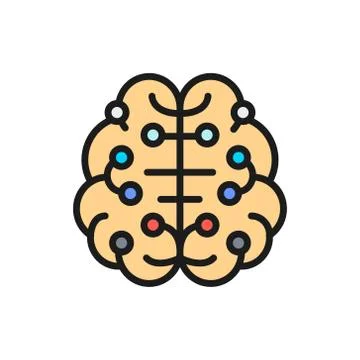 Artificial intelligence brain, connected to circuit board flat color line icon. Stock Illustration