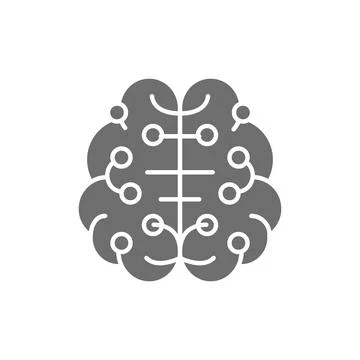 Artificial intelligence brain, connected to circuit board grey icon. Illustrazione stock