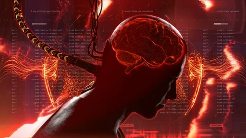 Artificial intelligence. Brain connected to network, perfect human under control Stock Footage 99836377