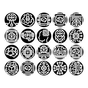 Artificial intelligence brain cpu computer technology icons Stock Illustration