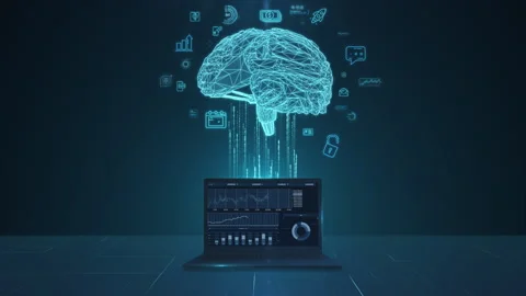 Artificial intelligence brain downloading data to laptop Stock Footage 325154505