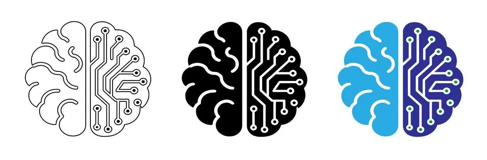 Artificial Intelligence Brain with Electronic Circuit Vector Icon Set Stock Illustration