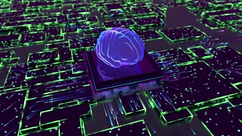 Artificial intelligence brain forming over a futuristic cpu. 3d animation Video stock 346373208