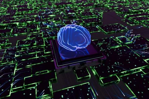 Artificial intelligence brain on glowing circuit board. 3d render Stock Illustration