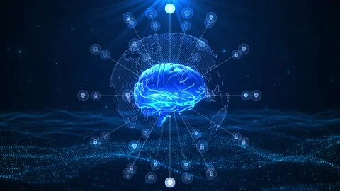 Artificial intelligence brain glowing neural model, world network, security Stock Footage 334101565