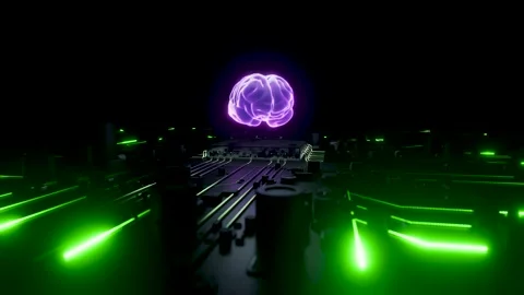 Artificial intelligence brain glowing over a futuristic motherboard. 3d Stock Footage 346373211