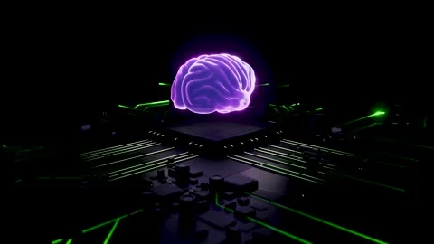 Artificial intelligence brain glowing over a central processing unit. 3d Stock Footage 346373268