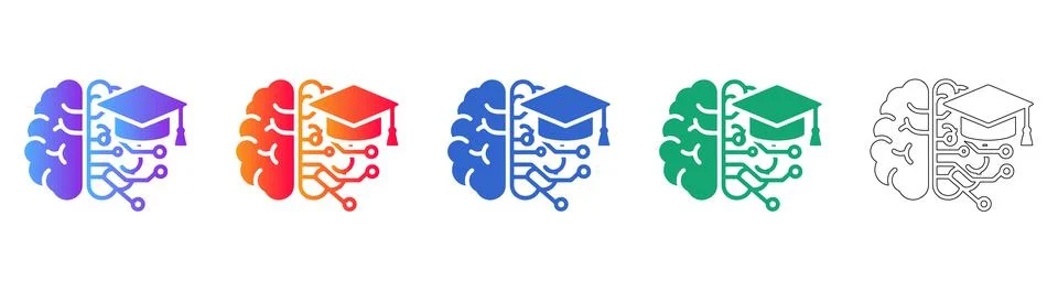 Artificial Intelligence Brain with Graduation Cap Icons for Smart Learning Stock Illustration