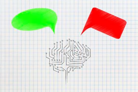 Artificial intelligence brain with green and red thoughts representing good a Stock Illustration