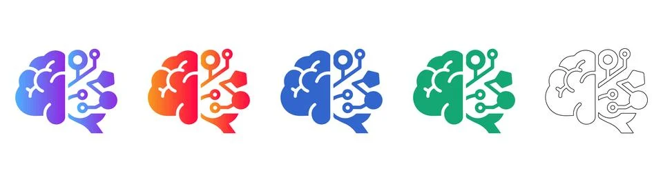 Artificial Intelligence Brain Icon Set with Circuitry Illustration