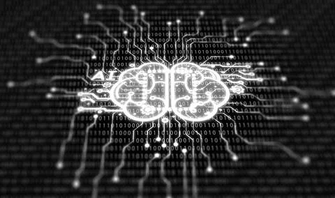 The artificial intelligence brain is integrated onto a circuit board and bi.. Illustrazione stock