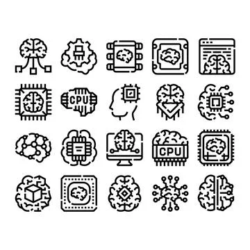 Artificial intelligence brain learning technology line icons 库存插图