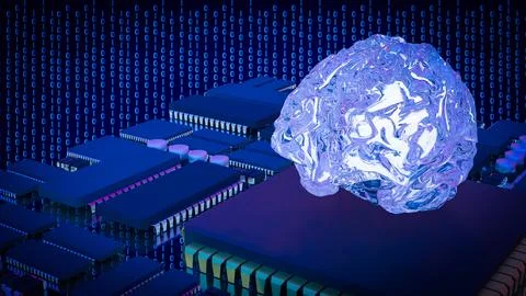 Artificial Intelligence Brain on Microchip Data Network 3d render. Stock Illustration