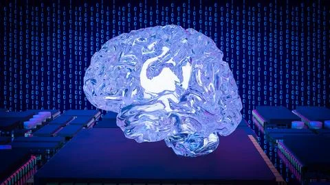 Artificial Intelligence Brain on Microchip Data Network 3d render. 스톡 일러스트