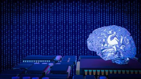 Artificial Intelligence Brain on Microchip Data Network 3d render. イラスト素材