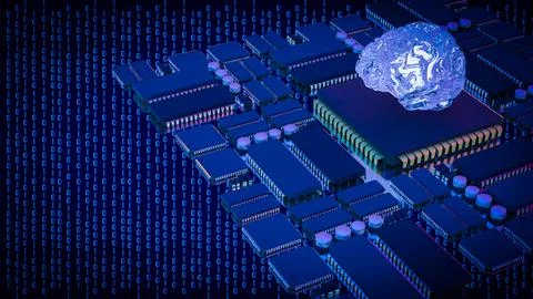 Artificial Intelligence Brain on Microchip Data Network 3d render. 스톡 일러스트